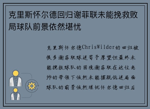 克里斯怀尔德回归谢菲联未能挽救败局球队前景依然堪忧